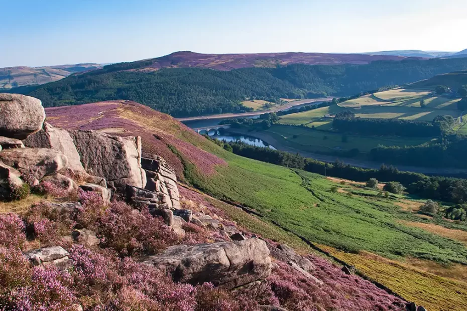 View from Whinstone Lee Tor, the gritstone of the hilltop in the foreground. Below ahead and to the right lies Ladybower reservoir with the Ashopton viaduct visible around the edge of the hillside. On the opposite side of the reservoir Win Hill Pike rises above the landscape.