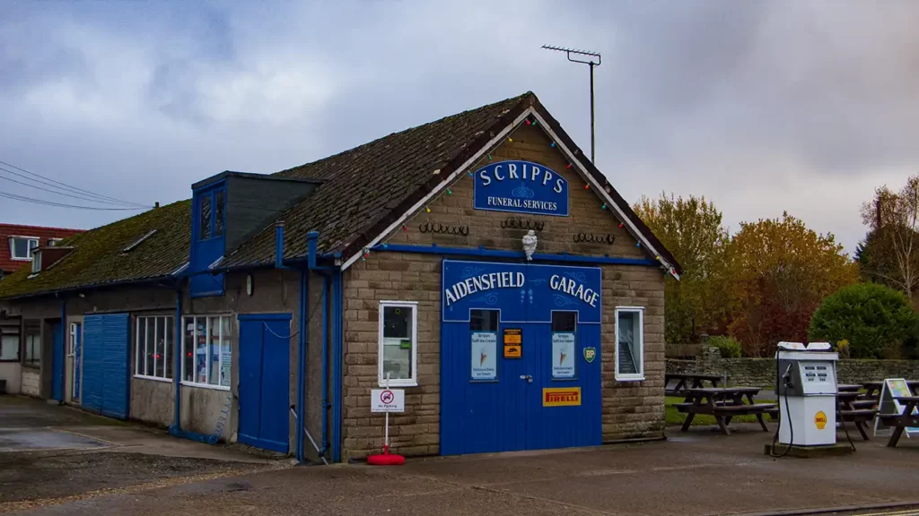 Aidensfield Garage & Scripps Funeral Directors from the TV series 'Heartbeat' in the village of Goathland