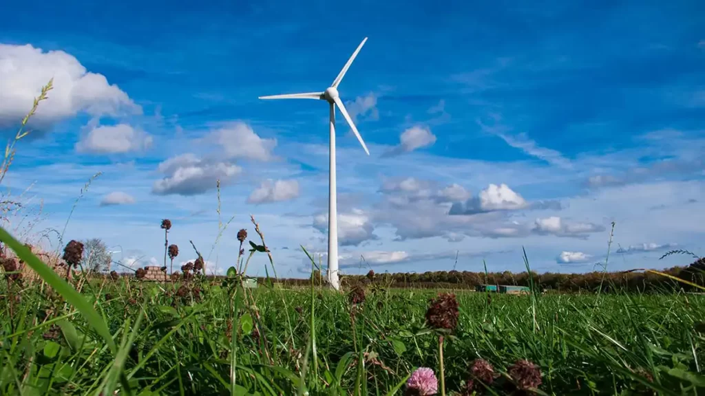 A wind turbine stands tall in a field against a blue sky