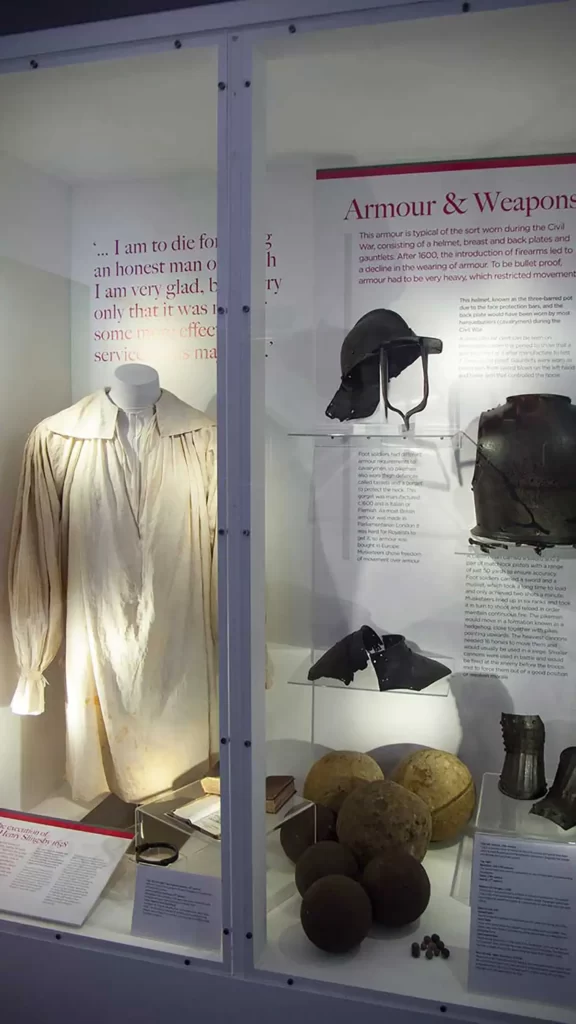 Information panel and relics of the English Civil War on display