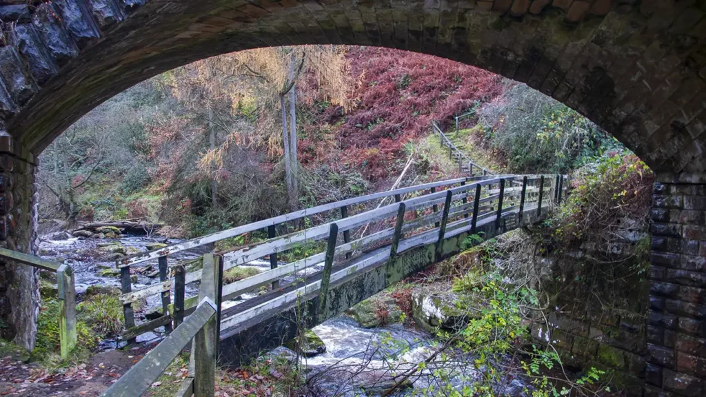 A small weir below a footbridge under an arched railway bridge on the North York Moors Steam Railway