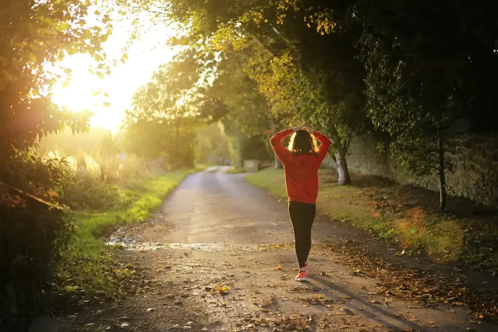 A woman walks along a tree-lined lane with the glow of a low sun