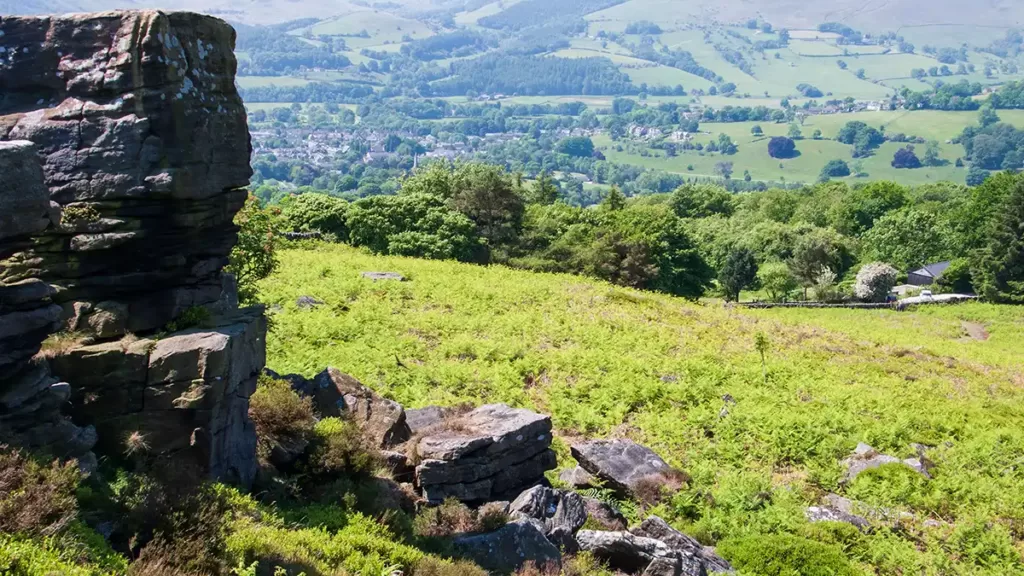 The town of Hathersage viewed from Carhead Rocks on Cattis-Side moor